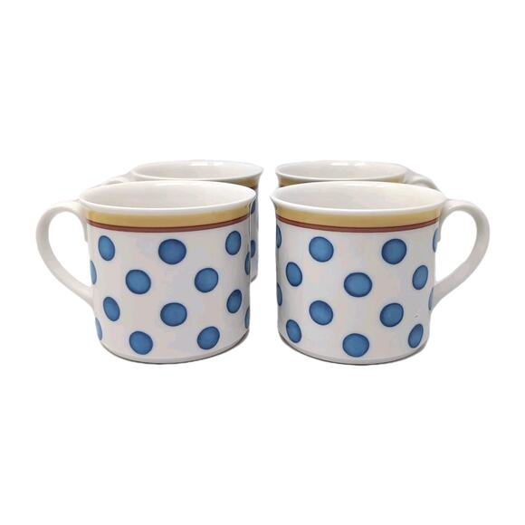 Villeroy & Boch Twist Anna Flat Coffee Mugs Cups Set Of 4 White Blue Polka Dots - Picture 2 of 7